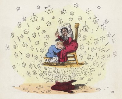 Liten pojke drömmer i sköterskans knä (färgad gravyr) av Charles Henry (after) Bennett