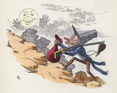 Man som klättrar på en kulle för att skjuta på månen (färgad gravyr) av Charles Henry (after) Bennett