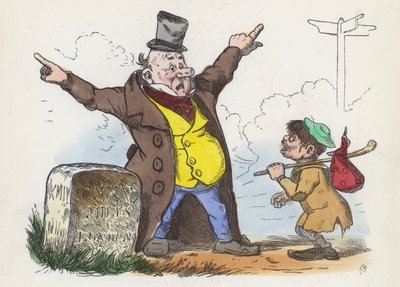 Man ger förvirrande vägbeskrivningar till en resenär på vägen till London (färgad gravyr) av Charles Henry (after) Bennett