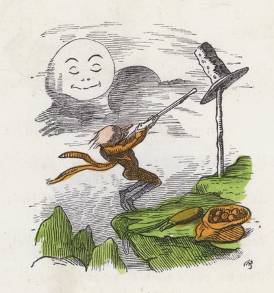 Man skjuter på sin hatt i frustration över att inte kunna träffa månen (färgad gravyr) av Charles Henry (after) Bennett