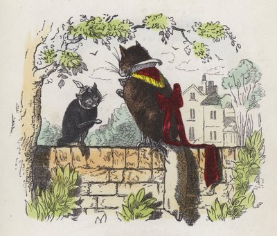 Två katter på en trädgårdsvägg (färgad gravyr) av Charles Henry (after) Bennett