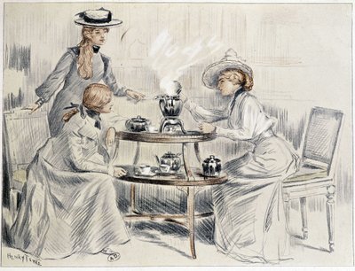 Damer som tar te runt en liten samovar - teckning av Henri Tenré, ca. 1910 av Charles Henry Tenre