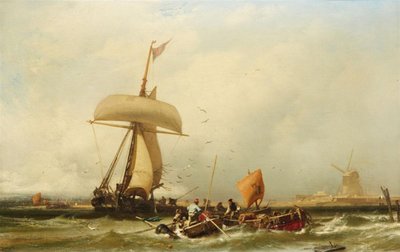 Tyska: Holländsk kustvy med segelfartyg och båtar Holländsk kustvy med segelfartyg och båtar av Charles Hoguet