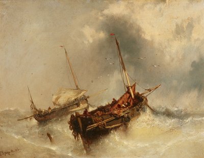 Tyska: Zwei Segelschiffe auf stürmischer See Två båtar på stormigt hav av Charles Hoguet