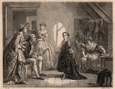 Mademoiselle Clairons barndom: den unga Claire-Josephe (Claire Josephe) Leris (1723-1803) reciterar verserna i pjäsen hon just har sett. Hon blev komiker under namnet "Mademoiselle Clairon" eller ""La Clairon". Gravyr av 1862 från painti av Charles Housez