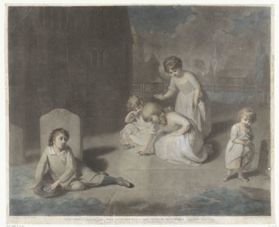 Barn på en kyrkogård Barn som läser inskriptionen på sin mors gravsten (titel på föremålet) av Charles Howard Hodges