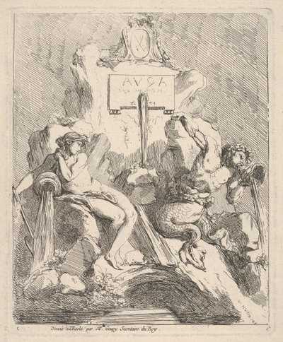Design för en fontän med en sittande nymf till vänster och triton som håller ett skal mot munnen ..., 1768. av Charles Hutin