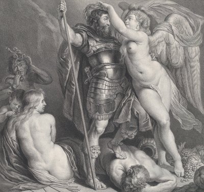 Hjälte krönt av Victory, som sätter en lagerkrans på hans huvud, Venus och Amor vid..., ca. 1735-61. av Charles Hutin