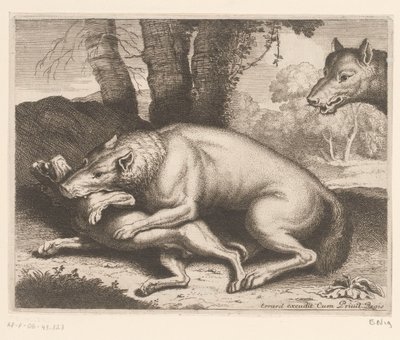 Hund attackerad av en varg Djurserie (serietitel) av Charles II Errard (attributed to)