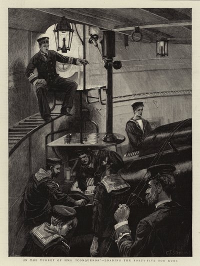 I tornet på H M S Conqueror, när de laddar de fyrtiofem ton tunga kanonerna. av Charles J. Staniland