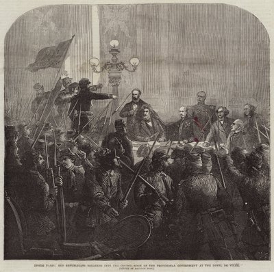 Inne i Paris bryter röda republikaner sig in i den provisoriska regeringens rådsrum på Hotel De Ville av Charles J. Staniland