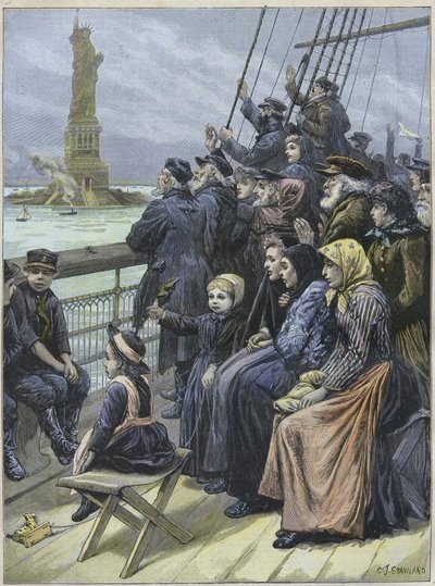 Judiska immigranter anländer till New York, USA 1892 - Judiska flyktingar från Ryssland passerar den kolossala statyn i New Yorks hamn - gravyr av Charles Joseph STANILAND- "" Ankomst av judiska emigranter till New York 1892, illustration av Charles Joseph av Charles J. Staniland