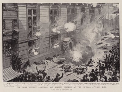 Kampen mellan armenier och turkiska soldater vid Imperial Ottoman Bank av Charles J. Staniland