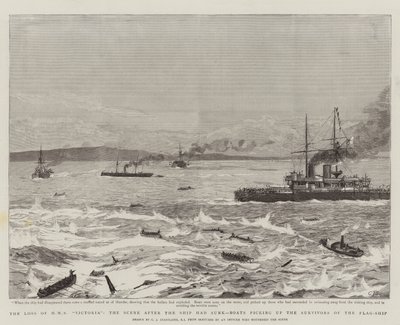 Förlusten av HMS Victoria, scenen efter att skeppet hade sjunkit, båtar som plockar upp flaggskeppets överlevande av Charles J. Staniland