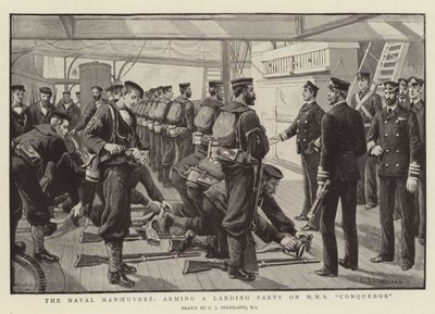 Sjömanövrarna, beväpnar ett landstigningsparti på HMS Conqueror av Charles J. Staniland