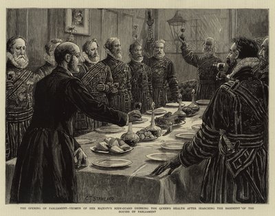 Öppnandet av parlamentet, Yeomen av Hennes Majestäts kroppsvakt dricker drottningens hälsa efter att ha genomsökt källaren i parlamentets hus av Charles J. Staniland