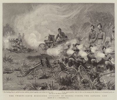 De tjugosjätte Middlesex-cyklisterna i Zereba avfyrar Gatling Gun av Charles J. Staniland