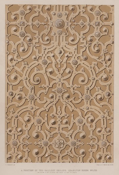 En del av galleritaket, Charlton House, Wilts, taket är 17 fot brett och cirka 115 fot långt (färg litho) av Charles James Richardson