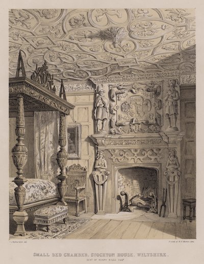Liten sängkammare, Stockton House, Wiltshire, säte för Henry Biggs (färg litho) av Charles James Richardson