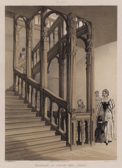 Trappa i Audley End, Essex (färg litho) av Charles James Richardson