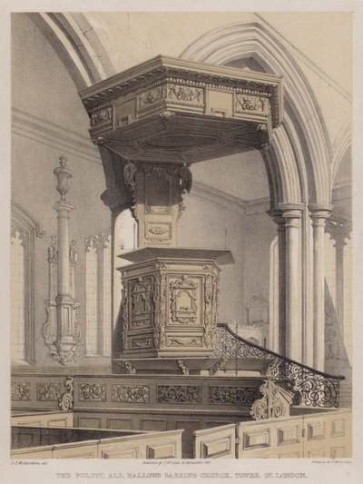 Predikstolen, All Hallows Barking Church, Tower Street, London (färg litho) av Charles James Richardson
