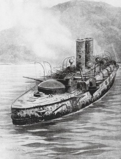 Den spanska pansarkryssaren Oquendo efter sjöstriden 1898 (litografi) av Charles John de (after) Lacy