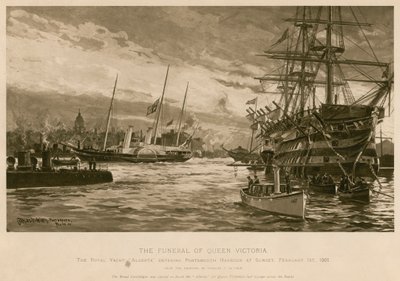 Drottning Victorias begravning. Royal Yacht Alberta, som bär drottningens kropp, går in i Portsmouths hamn vid solnedgången av Charles John de (after) Lacy