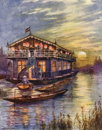 Båtliv på flod (färglitografi) av Charles John de Lacy