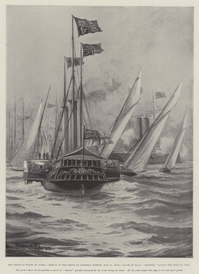 Prinsen av Wales i Cowes, Prinsens ankomst på lördagskvällen den 30 juli, Royal Salute av HMS Crescent, kapten hertigen av York av Charles John de Lacy