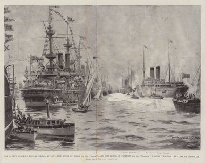 Drottningens diamantjubileumsmässa, överhuset (på Donau) och underhuset (på Campania) passerar genom järnplåtarnas linjer. av Charles John de Lacy