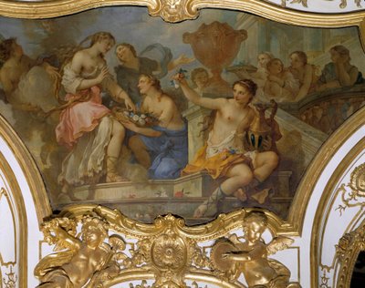 History of Psyche: "" Nymferna som erbjuder blommor i Psyche på tröskeln till Amours palats"" Takmålning av Charles Joseph Natoire (Charles-Joseph Natoire av Charles Joseph Natoire