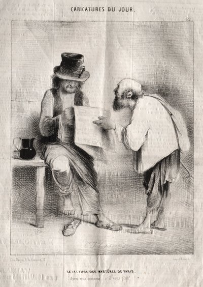 Dagens karikatyrer: Läser Paris mysterier. av Charles Joseph Traviès de Villers