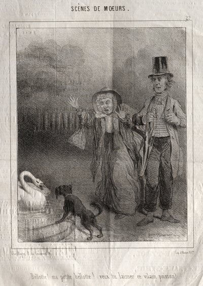 Scener av sätt: Bellotte! min lilla Bellote! vill du lämna denna fula fisk!. av Charles Joseph Traviès de Villers