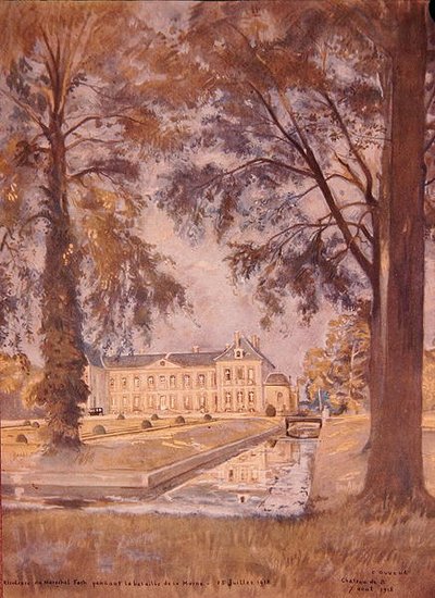 Chateau de Bombon, nära Melun, Frankrike, 7 augusti 1918 (akvarell på papper) av Charles Jules Duvent
