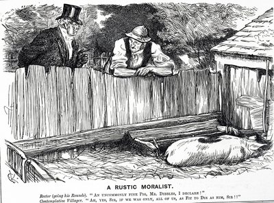 Tecknad serie med titeln "A Rustic Moralist" föreställande en rektor, en bybo och en ovanligt fin gris av Charles Keene