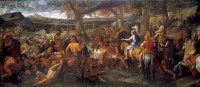 Alexander och Porus. År 327 f.Kr. fortsatte Alexander den store sin erövring mot Indusdalen. År 326 f.Kr. besegrade han Puru (eller Poros, kung av Paurava-stammen på 300-talet f.Kr.) och hans armé av krigselefanter i slaget vid Hydaspe. Målar av av Charles Le Brun