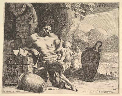 Kväll: en sittande satyr spänner om sitt barn, en figur hänger en girland på en brygga bortom, f..., ca. 1640. av Charles Le Brun