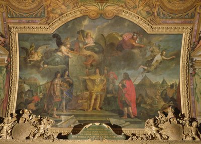 Kung Ludvig XIV (1638-1715) ger order om att samtidigt attackera fyra av de starkaste holländska positionerna 1672, takmålning från Galerie des Glaces av Charles Le Brun