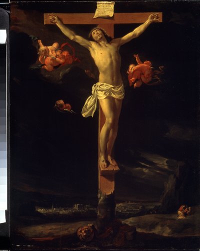 The Crucifixion (The Crucifixion). Man kan läsa den latinska inskriptionen på korset ""His est iesus rex iudeorum"" (Detta är Jesus, judarnas kung). Målning av Charles Le Brun (1619-1690) av Charles Le Brun