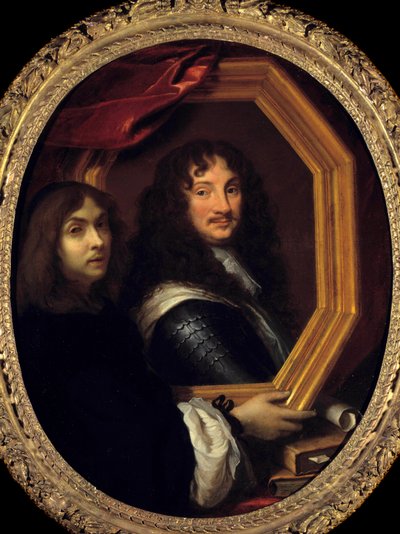 Porträtt av konstnären (eller självporträtt) som presenterar det av en militär målning av Charles Lebrun (Le Brun) (1619-1690) 1600-talets sön. 1,04x0,85 m - Porträtt av konstnären (eller självporträtt) som håller porträttet av en militär. Målning av Charl av Charles Le Brun