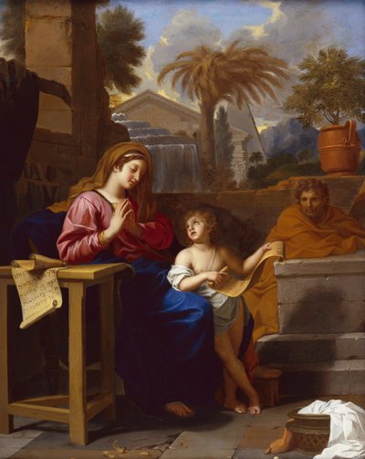 Den heliga familjen i Egypten med spädbarnet Kristus som läser en hebreisk skrift (olja på duk) av Charles Le Brun