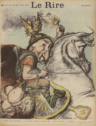 Karikatyr av Frankrikes premiärminister Emile Combes som Hunnen Attila. Illustration för Le Rire av Charles Leandre