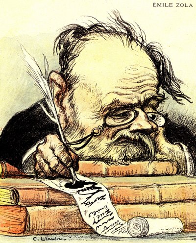 Tecknad av Emile Zola (1840-1902) skriver, uppenbart saknad inspiration - Illustration av Charles Leandre i "The Rire"" av Charles Leandre