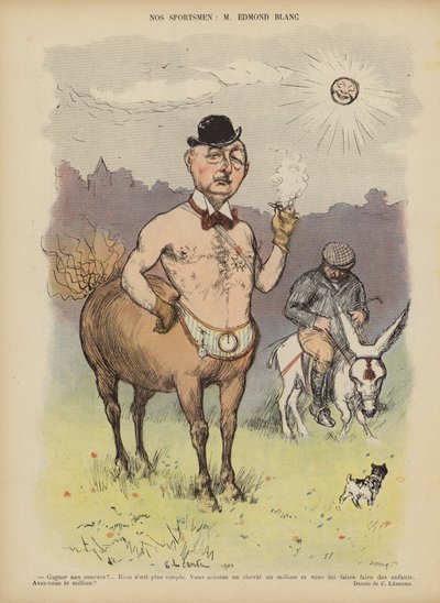 Edmond Blanc, fransk kapplöpningshästägare och uppfödare. Illustration för Le Rire av Charles Leandre