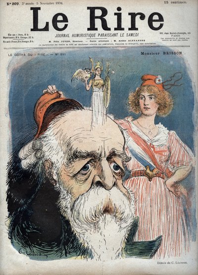 Eugene Henri Brisson (1835-1912), fransk advokat, journalist och politiker - Marianne lyfter en röd mössa från Bressons huvud och från hennes huvud tycks gudinnan Athena stiga upp med alla attribut - karikatyr av Charles Leandre (1862-1934) i "" Le Rire””” av Charles Leandre