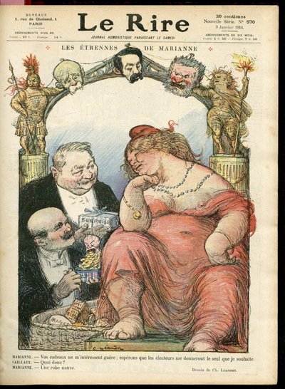 Illustration av Charles Leandre (1862-1934) för omslaget till Le Rire, 03/01/14 - Les strennes de Marianne - Tribun - Clemenceau George, Jaures Jean, Briand Aristide, Marianne, Caillaux Joseph (1863-1944) av Charles Leandre