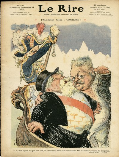 Illustration av Charles Leandre (1862-1934) för omslaget till Le Rire, 20/08/10 - Fallieres hos grevinnan - Italien, republikens president, Chapeau, Identifier, Venedig - Fallieres Armand (1841-1931) av Charles Leandre