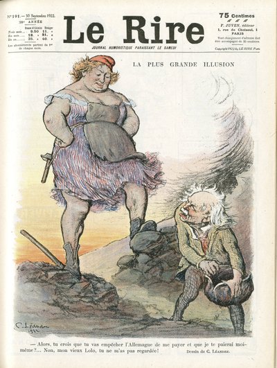 Illustration av Charles Leandre (1862-1934) för omslaget till Le Rire, 30/09/22 - Den största illusionen - Tyskland Preussen, England Storbritannien, Reparationer - Marianne, David Lloyd George (1863-1945) - Trivialit av Charles Leandre