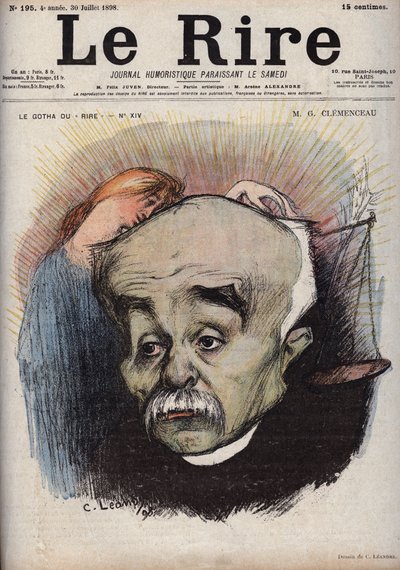 Porträtt av Georges Clemenceau (1841-1929) - saldot hänvisar till tidningen La Justice"" och dess chef, Cornelius Herz, som hade fått pengar från Clemenceau - karikatyr av Charles Leandre (1862-1934) i "" Le Rire"" ” den 30 juli av Charles Leandre