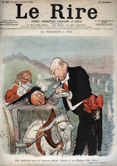 Presidenten i Nice - Frankrikes president Felix Faure träffade drottning Victoria i Nice - Tecknad av Charles Leandre (1862-1934) i "" Le Rire"" den 23 april 1898 av Charles Leandre